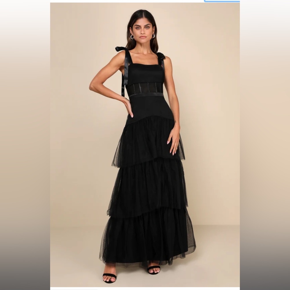 Enticing Mystique Black Tulle Tie-Strap Tiered Maxi Dress